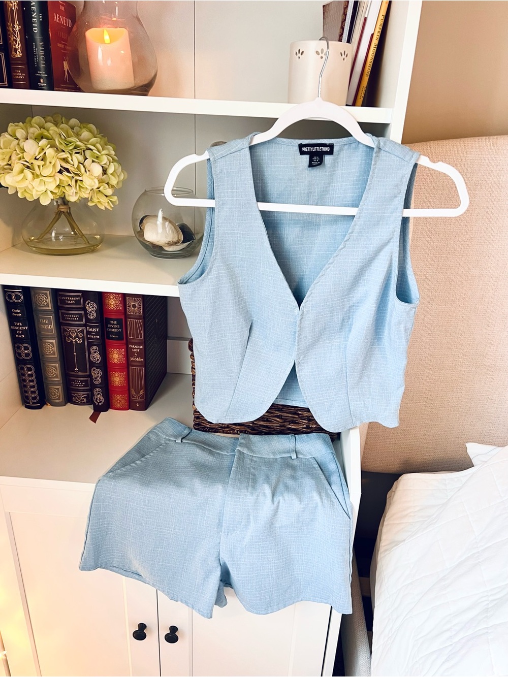 PrettyLittleThing Light Blue High Waist Shorts & Vest Set Linen Blend